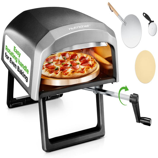 NutriChef 360° Portable Gas Pizza Oven – Rotating Stone with Pizza Cutter, Peel, Cover, Regulator & Hose, Adjustable Temperature, Indoor & Outdoor Use
 NCPIZRTACC