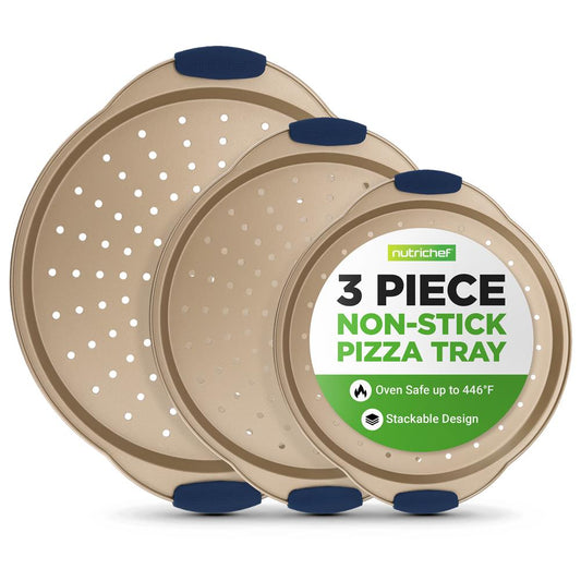 NutriChef 3-Piece Carbon Steel Nonstick Perforated Pizza Pan Set with Silicone Handles NCPZPN3GD