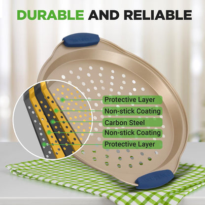 NutriChef 3-Piece Carbon Steel Nonstick Perforated Pizza Pan Set with Silicone Handles NCPZPN3GD