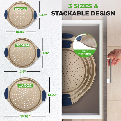 NutriChef 3-Piece Carbon Steel Nonstick Perforated Pizza Pan Set with Silicone Handles NCPZPN3GD