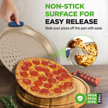 NutriChef 3-Piece Carbon Steel Nonstick Perforated Pizza Pan Set with Silicone Handles NCPZPN3GD