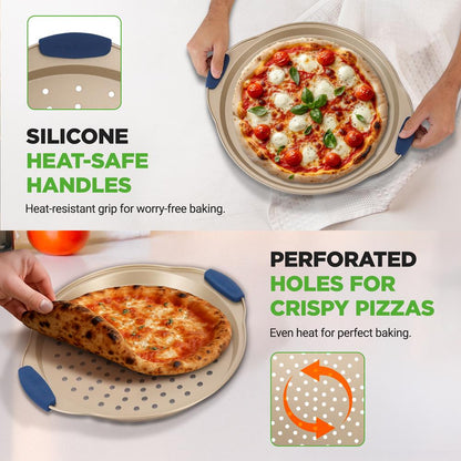 NutriChef 3-Piece Carbon Steel Nonstick Perforated Pizza Pan Set with Silicone Handles NCPZPN3GD