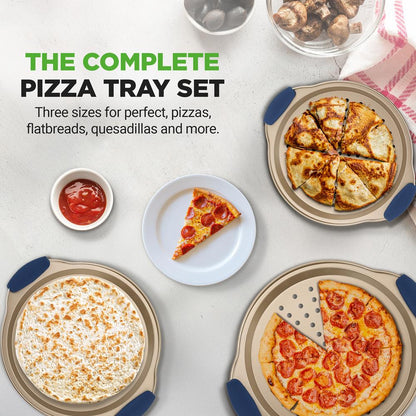 NutriChef 3-Piece Carbon Steel Nonstick Perforated Pizza Pan Set with Silicone Handles NCPZPN3GD
