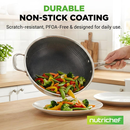 NutriChef 12″ Tri‑Ply Stainless Steel Wok with Lid – Nonstick Coating, Cool‑Touch Handle
 NCS3PWOK