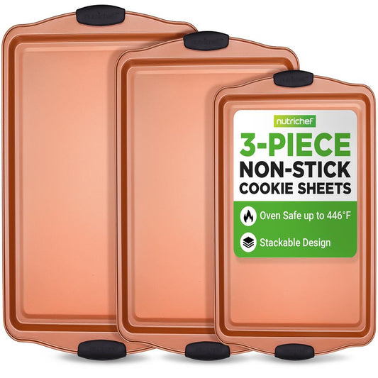 NutriChef 3‑Piece Stackable Nonstick Carbon Steel Baking Sheets with Silicone Handles  NCSBS3S45