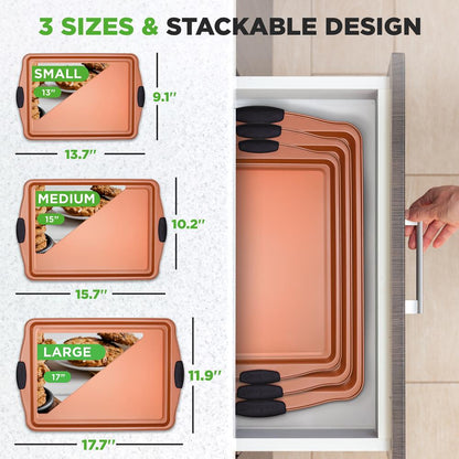 NutriChef 3‑Piece Stackable Nonstick Carbon Steel Baking Sheets with Silicone Handles  NCSBS3S45