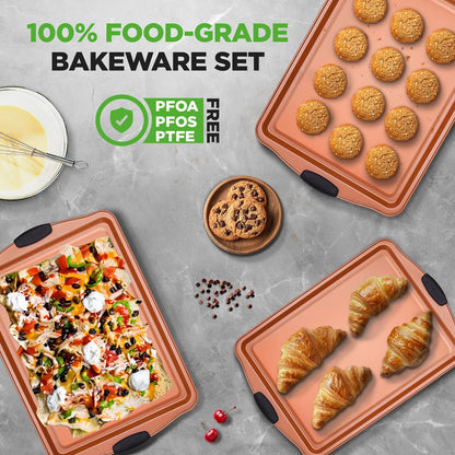 NutriChef 3‑Piece Stackable Nonstick Carbon Steel Baking Sheets with Silicone Handles  NCSBS3S45