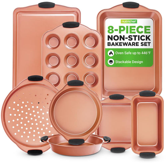 NutriChef 8-Piece Carbon Steel Nonstick Bakeware Pan Set with Silicone Handles NCSBS52S