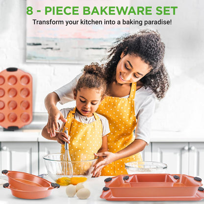 NutriChef 8-Piece Carbon Steel Nonstick Bakeware Pan Set with Silicone Handles NCSBS52S