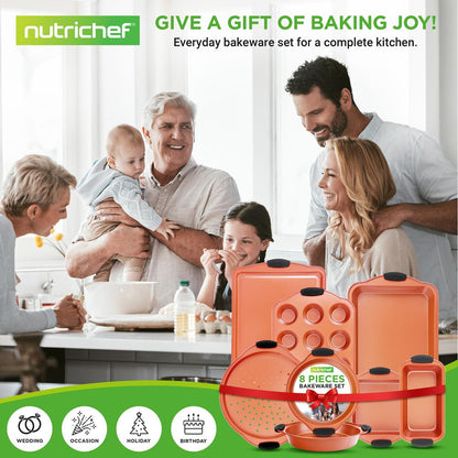 NutriChef 8-Piece Carbon Steel Nonstick Bakeware Pan Set with Silicone Handles NCSBS52S