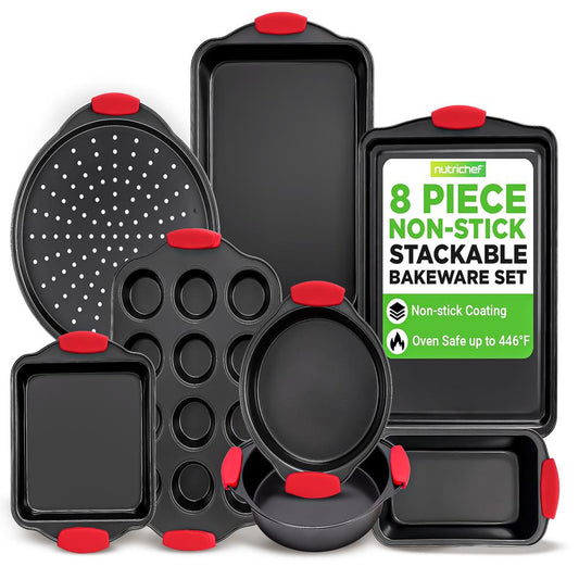 NutriChef 8-Piece Carbon Steel Nonstick Bakeware Pan Set with Silicone Handles - Black NCSBS8S