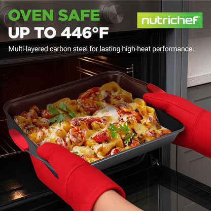 NutriChef 8-Piece Carbon Steel Nonstick Bakeware Pan Set with Silicone Handles - Black NCSBS8S