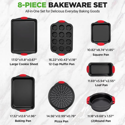 NutriChef 8-Piece Carbon Steel Nonstick Bakeware Pan Set with Silicone Handles - Black NCSBS8S