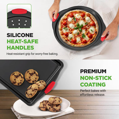 NutriChef 8-Piece Carbon Steel Nonstick Bakeware Pan Set with Silicone Handles - Black NCSBS8S