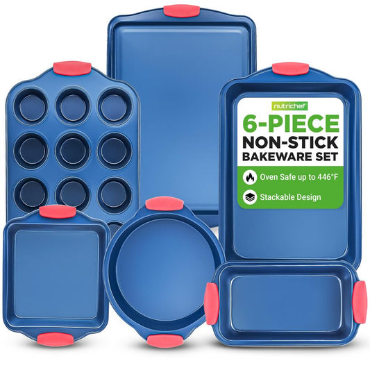 NutriChef 6-Piece Blue Carbon Steel Nonstick Bakeware Pan Set with Silicone Handles  NCSBSBL6