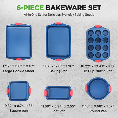 NutriChef 6-Piece Blue Carbon Steel Nonstick Bakeware Pan Set with Silicone Handles  NCSBSBL6