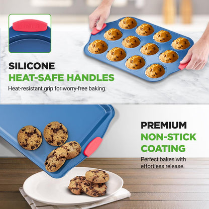 NutriChef 6-Piece Blue Carbon Steel Nonstick Bakeware Pan Set with Silicone Handles  NCSBSBL6
