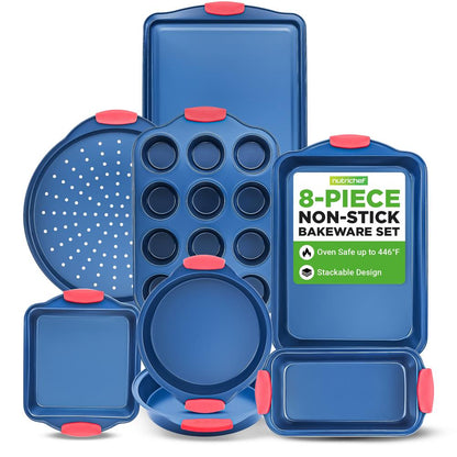 NutriChef 8-Piece Carbon Steel Nonstick Bakeware Pan Set with Silicone Handles NCSBSBL8
