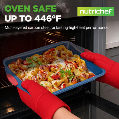NutriChef 8-Piece Carbon Steel Nonstick Bakeware Pan Set with Silicone Handles NCSBSBL8