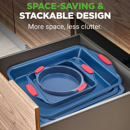NutriChef 8-Piece Carbon Steel Nonstick Bakeware Pan Set with Silicone Handles NCSBSBL8