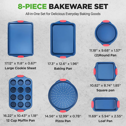 NutriChef 8-Piece Carbon Steel Nonstick Bakeware Pan Set with Silicone Handles NCSBSBL8