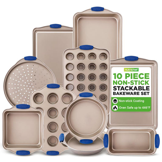 NutriChef 10-Piece Carbon Steel Nonstick Bakeware Pan Set with Silicone Handles
 NCSBSG60