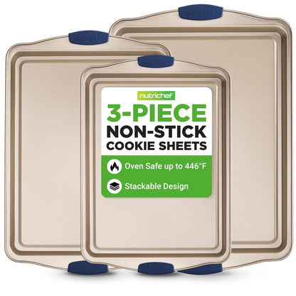 NutriChef 3-Piece Carbon Steel Nonstick Baking Sheet Set with Silicone Handles NCSBSG63