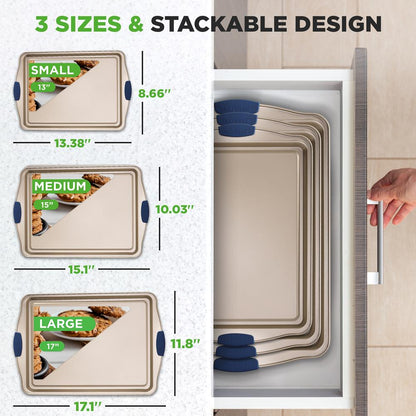 NutriChef 3-Piece Carbon Steel Nonstick Baking Sheet Set with Silicone Handles NCSBSG63