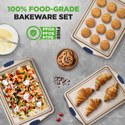 NutriChef 3-Piece Carbon Steel Nonstick Baking Sheet Set with Silicone Handles NCSBSG63