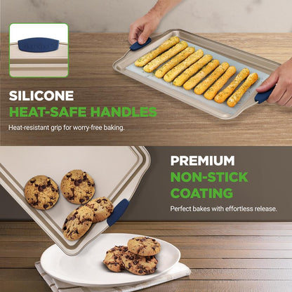 NutriChef 3-Piece Carbon Steel Nonstick Baking Sheet Set with Silicone Handles NCSBSG63