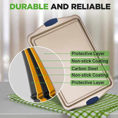 NutriChef 3-Piece Carbon Steel Nonstick Baking Sheet Set with Silicone Handles NCSBSG63