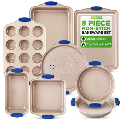 NutriChef 8-Piece Carbon Steel Nonstick Bakeware Pan Set with Silicone Handles
 NCSBSG78