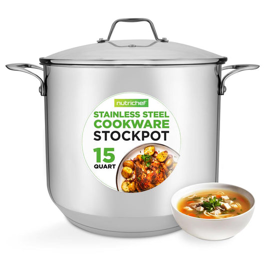 NutriChef 15 Qt Stainless Steel Stockpot with Lid – Heavy-Duty, All-Cooktop Compatible NCSP16