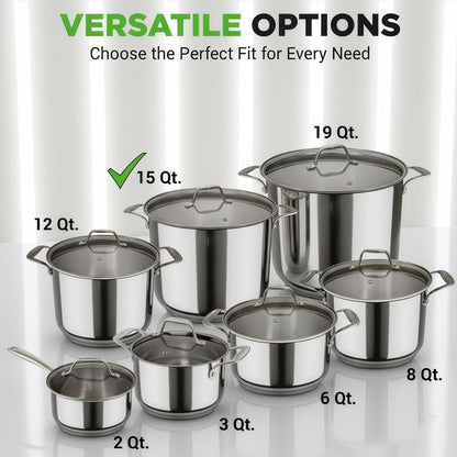 NutriChef 15 Qt Stainless Steel Stockpot with Lid – Heavy-Duty, All-Cooktop Compatible NCSP16