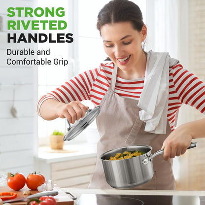 NutriChef  2Qt. Stainless Steel Saucepan with Lid - Heavy Duty, Gas, Induction, Ceramic, Glass and Halogen Cooktops Compatible NCSP2