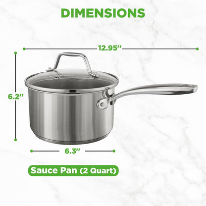 NutriChef  2Qt. Stainless Steel Saucepan with Lid - Heavy Duty, Gas, Induction, Ceramic, Glass and Halogen Cooktops Compatible NCSP2