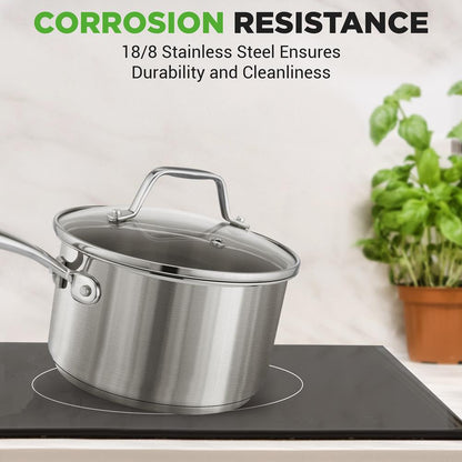 NutriChef  2Qt. Stainless Steel Saucepan with Lid - Heavy Duty, Gas, Induction, Ceramic, Glass and Halogen Cooktops Compatible NCSP2