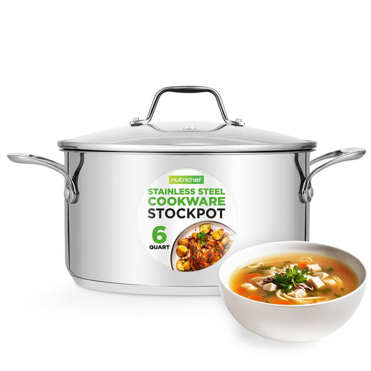 NutriChef 6 Qt Stainless Steel Stockpot with Lid - Heavy Duty, Gas, Induction, Ceramic, Glass and Halogen Cooktops Compatible  NCSP6