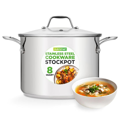 NutriChef 8 Qt Stainless Steel Stockpot with Lid - Heavy Duty, Gas, Induction, Ceramic, Glass and Halogen Cooktops Compatible  NCSP8