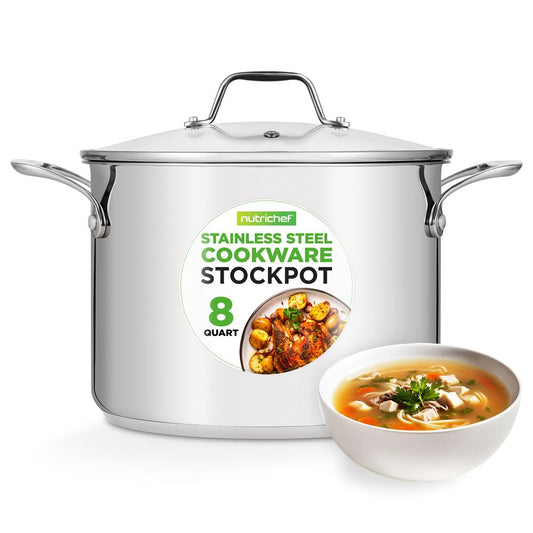 NutriChef 8 Qt Stainless Steel Stockpot with Lid - Heavy Duty, Gas, Induction, Ceramic, Glass and Halogen Cooktops Compatible  NCSP8