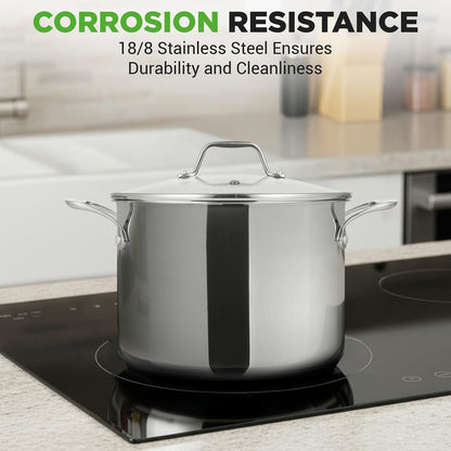 NutriChef 8 Qt Stainless Steel Stockpot with Lid - Heavy Duty, Gas, Induction, Ceramic, Glass and Halogen Cooktops Compatible  NCSP8