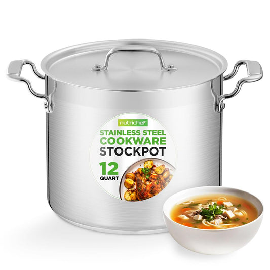 NutriChef Stainless Steel Stockpot with Lid - Heavy Duty, Even Heat, All Cooktops Compatible NCSPT12Q