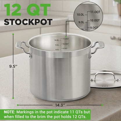 NutriChef Stainless Steel Stockpot with Lid - Heavy Duty, Even Heat, All Cooktops Compatible NCSPT12Q