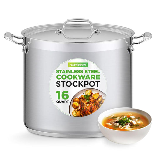 NutriChef Stainless Steel Stockpot with Lid - Heavy Duty, Even Heat, All Cooktops Compatible NCSPT16Q