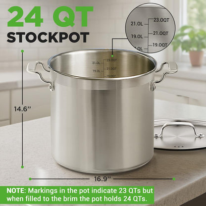 NutriChef Stainless Steel Stockpot with Lid - Heavy Duty, Even Heat, All Cooktops Compatible NCSPT24Q