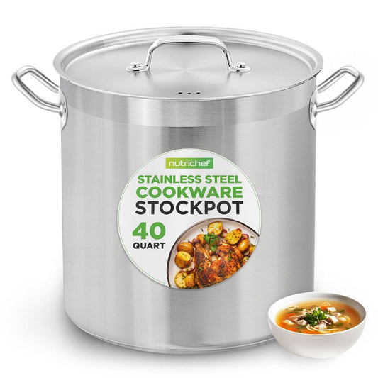 NutriChef 40 Qt Stainless Steel Stockpot with Lid | Heavy Duty, Even Heat, Gas, Induction, Ceramic, Glass and Halogen Cooktops Compatible  NCSPT40Q