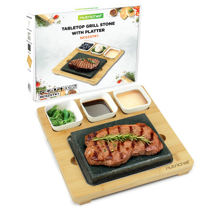 Sizzle Hot Stone Cooking Set - Tabletop Grill With Bamboo Platter Ceramic Sauce Bowls And Stainless Steel Tray