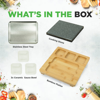 Sizzle Hot Stone Cooking Set - Tabletop Grill With Bamboo Platter Ceramic Sauce Bowls And Stainless Steel Tray