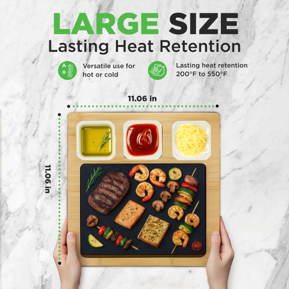 Sizzle Hot Stone Cooking Set - Tabletop Grill With Bamboo Platter Ceramic Sauce Bowls And Stainless Steel Tray
