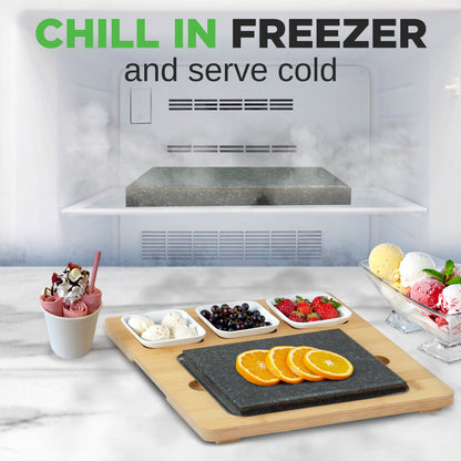 Sizzle Hot Stone Cooking Set - Tabletop Grill With Bamboo Platter Ceramic Sauce Bowls And Stainless Steel Tray